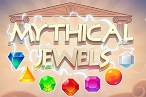 A kép közepén MYTHICAL JEWELS felirat, alatta különböző színű és formájú drágakövek, háttérben klasszikus épület sziluettje