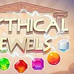 A kép közepén MYTHICAL JEWELS felirat, alatta különböző színű és formájú drágakövek, háttérben klasszikus épület sziluettje