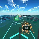 Futurisztikus táj tengeren keresztül vezető neon vonalakkal, égen úszó felhők alatt