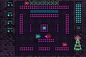 Neon színekben megjelenített labirintus, benne kék és piros tankokkal, jobb alsó sarokban egy karácsonyfa alakú ikon