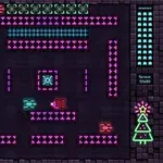 Neon színekben megjelenített labirintus, benne kék és piros tankokkal, jobb alsó sarokban egy karácsonyfa alakú ikon