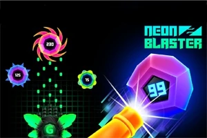 Színes neon alakzatok és számok, valamint egy futurisztikus ágyú fénylő háttér előtt