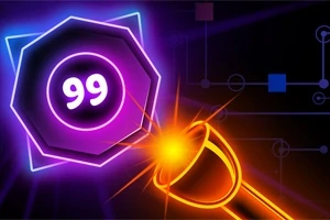 Egy neon színű, hatszögletű forma 99 számmal a közepén, mellette egy ragyogó narancssárga fényforrás