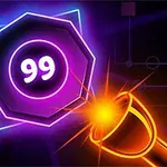 Egy neon színű, hatszögletű forma 99 számmal a közepén, mellette egy ragyogó narancssárga fényforrás