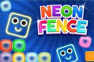Színes, mosolygós arccal ellátott négyzetek és a NEON FENCE felirat kék háttéren