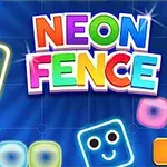 Színes, mosolygós arccal ellátott négyzetek és a NEON FENCE felirat kék háttéren