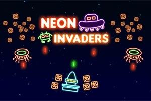 Neon színekből álló, űrhajókat és ufókat ábrázoló grafika, Neon Invaders felirattal
