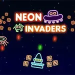 Neon színekből álló, űrhajókat és ufókat ábrázoló grafika, Neon Invaders felirattal