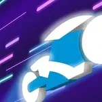 Futurisztikus, kék és fehér motor stílusú ikon lila háttérrel és neoncsíkokkal