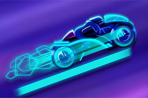 Egy futurisztikus, fényből készült motor neonfényű vonalat hagy maga után egy lila háttér előtt