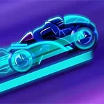 Egy futurisztikus, fényből készült motor neonfényű vonalat hagy maga után egy lila háttér előtt