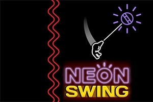 Neon színű betűkkel írt NEON SWING felirat, piros hullámos vonal, valamint egy kézlabdát tartó kéz grafikus ábrázolása