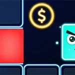 Egy kacsintó, fénylő türkizkék kocka egy dollárjeles érme és színes neon négyzetek között lebeg sötét háttérrel
