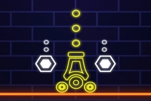 Neon színű geometriai alakzatok sötét háttér előtt: sárga körök, hatszögek, és vonalak, valamint narancssárga vonal alul