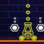 Neon színű geometriai alakzatok sötét háttér előtt: sárga körök, hatszögek, és vonalak, valamint narancssárga vonal alul