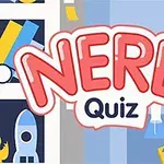 A Nerd Quiz felirat előtt színes, játékos grafikai elemek, például rakéta, játékvezérlő és könyvek