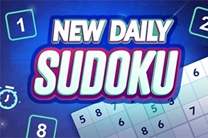 Kék háttér előtt NEW DAILY SUDOKU felirat, körülötte számokkal teli négyzetek