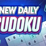 Kék háttér előtt NEW DAILY SUDOKU felirat, körülötte számokkal teli négyzetek
