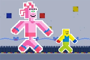 Két színes, pixeles figura sétál egy szürke háttér előtt