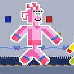 Két színes, pixeles figura sétál egy szürke háttér előtt