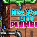 Színes, rajzfilmszerű városkép, amelynek közepén a New-York City Plumber felirat látható vízvezetékekkel körülvéve