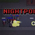 Utcai harcjelenet pixel art stílusban, fegyveres karakterekkel és nagy NIGHTPOINT