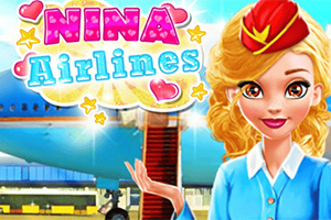 Egy szőke hajú, egyenruhás nő mosolyog egy repülőtér hátterében, mellette a Nina Airlines felirat