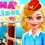 Egy szőke hajú, egyenruhás nő mosolyog egy repülőtér hátterében, mellette a Nina Airlines felirat