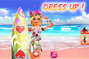 Egy színes, virágkoszorús lány, szörfdeszkával a tengerparton, a háttérben kék ég és felhők; felül a DRESS UP!