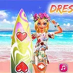 Egy színes, virágkoszorús lány, szörfdeszkával a tengerparton, a háttérben kék ég és felhők; felül a DRESS UP!
