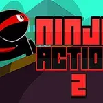 Egy fekete ruhás ninja piros fejkendővel egy ferde tetőnél, mellette Ninja Action 2 felirat