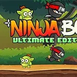 Egy fekete nindzsa fiú harcol vicces, zöld goblinszerű lényekkel egy erdős háttér előtt