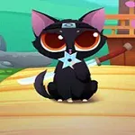 Ninja Cat Rajzolt fekete cica nagy barna szemekkel, szamuráj karddal és csillaggal egy japán kertben