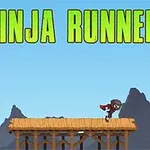 Egy rajzolt ninja fut egy fa hídon, háttérben hegyekkel, az égen nagy sárga betűkkel a Ninja Runner felirat látható