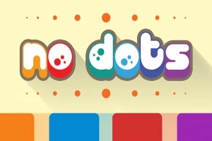Színes, árnyékos betűkkel írt no dots felirat krémszínű háttérrel, alul színes négyzetekkel