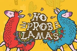 Két rajzolt láma, egyik piros, másik kék színű, háttérben sárga alapon kaktuszokkal és középen a No Prob Lamas felirattal