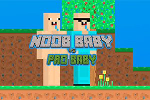 Két pixelart figura áll egymás mellett egy földdel és fűvel borított talajon, a háttérben színes fa látható, és egy Noob Baby vs Pro Baby felirat szerepel középen