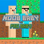 Két pixelart figura áll egymás mellett egy földdel és fűvel borított talajon, a háttérben színes fa látható, és egy Noob Baby vs Pro Baby felirat szerepel középen