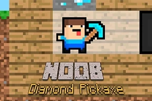 Egy pixeles figura kék ruhában, aki egy gyémántcsákányt tart a kezében, alatta NOOB Diamond Pickaxe felirattal