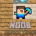 Egy pixeles figura kék ruhában, aki egy gyémántcsákányt tart a kezében, alatta NOOB Diamond Pickaxe felirattal
