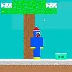 Egy pixelart stílusú kék karakter piros sapkában, fehér hósapkával borított fa mellett, mellette egy kis zöld szörny és egy aranykulcs