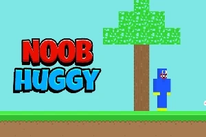 Rajzolt figura kék ruhában fa mellett zöld fűvel és barna talajjal, bal oldalon Noob Huggy felirat