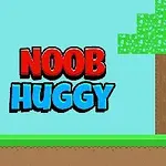 Rajzolt figura kék ruhában fa mellett zöld fűvel és barna talajjal, bal oldalon Noob Huggy felirat