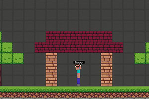 Egy pixeles grafikai stílusú figura áll egy téglából készült építmény alatt, miközben zöldellő fák láthatók a háttérben