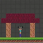 Egy pixeles grafikai stílusú figura áll egy téglából készült építmény alatt, miközben zöldellő fák láthatók a háttérben