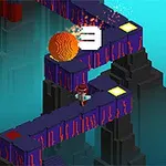 Egy pixel art stílusú karakter egy kanyargós, sötétlila úton halad, elöl tűzgömb és szikrázó effektek láthatók világoskék háttér előtt