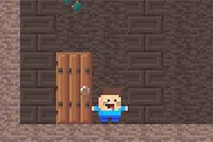 Egy pixelart stílusú figura áll egy barna deszkaajtó előtt, téglafalas háttérrel