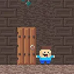 Egy pixelart stílusú figura áll egy barna deszkaajtó előtt, téglafalas háttérrel
