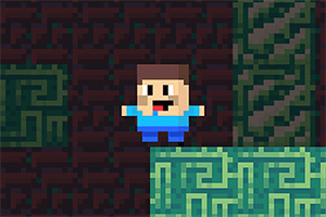 Egy pixelart stílusú figura kék ruhában, sötétzöld és fekete mintázatú háttér előtt