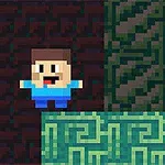 Egy pixelart stílusú figura kék ruhában, sötétzöld és fekete mintázatú háttér előtt